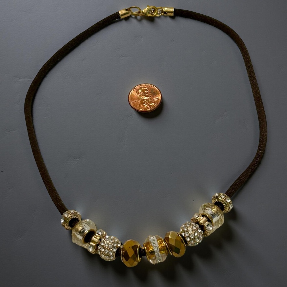 Bold Gold and Silver Beaded Necklace on satin cord; rhinestone embellishments